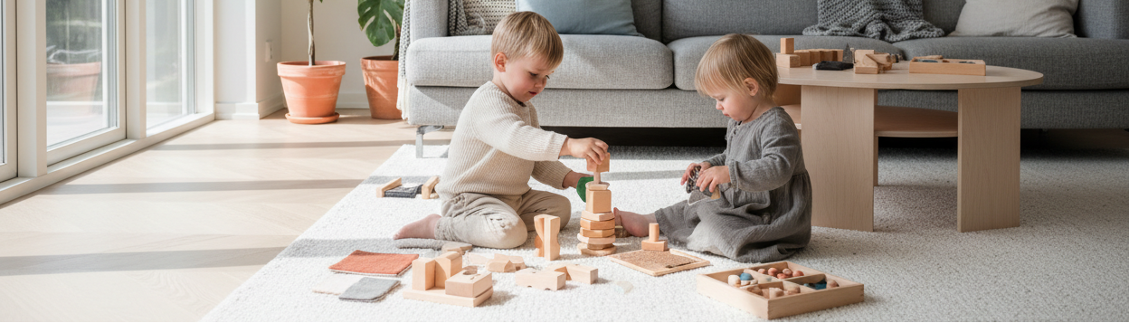 boy and girl toddler playing with montessory sensory toys in the living room, scandinavian home